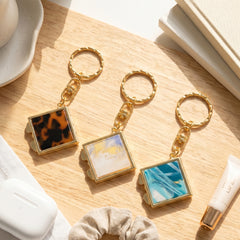 Square Tortoiseshell & Marble Acrylic Compact Mirror Keychain, Double-Sided Folding Makeup Mirror with 95% High Reflectivity Lens, Portable Purse Mirror with Gold Plated Keyring for Women & Girls