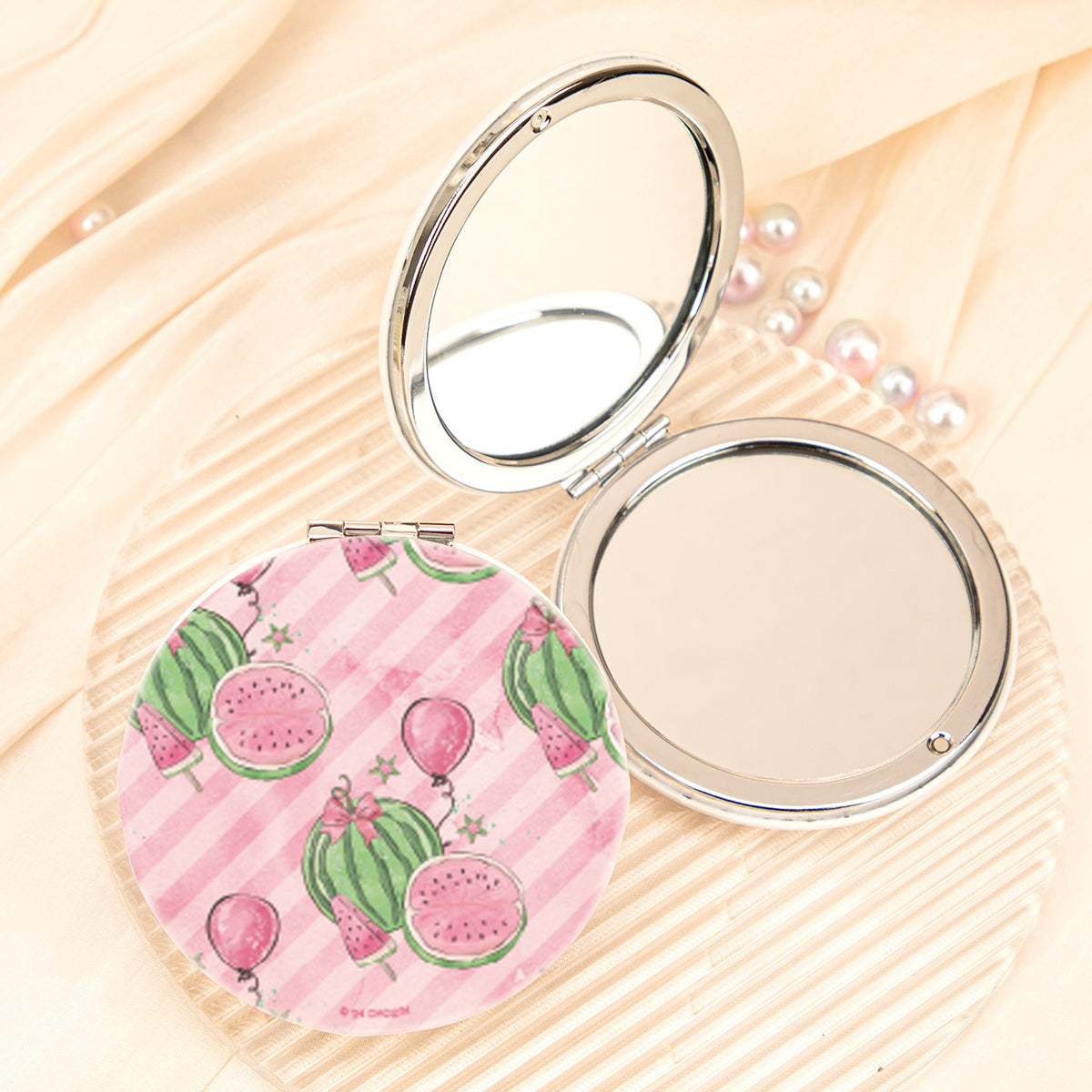 Pink Watermelon Compact Mirror Round PU Leather Folding Pocket Mirror Dual Sided Metal Cosmetic Mirror Summer Fruit Makeup