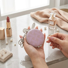 Cute Bunny Ears PU Leather Compact Mirror Keychain - Round Silver Metal Folding Double-Sided Pocket Vanity Mirror with Keychain Ring, Perforated Pattern & HD Glass for Purse, Travel, Girls & Gifts 🐰🪞🔑✨