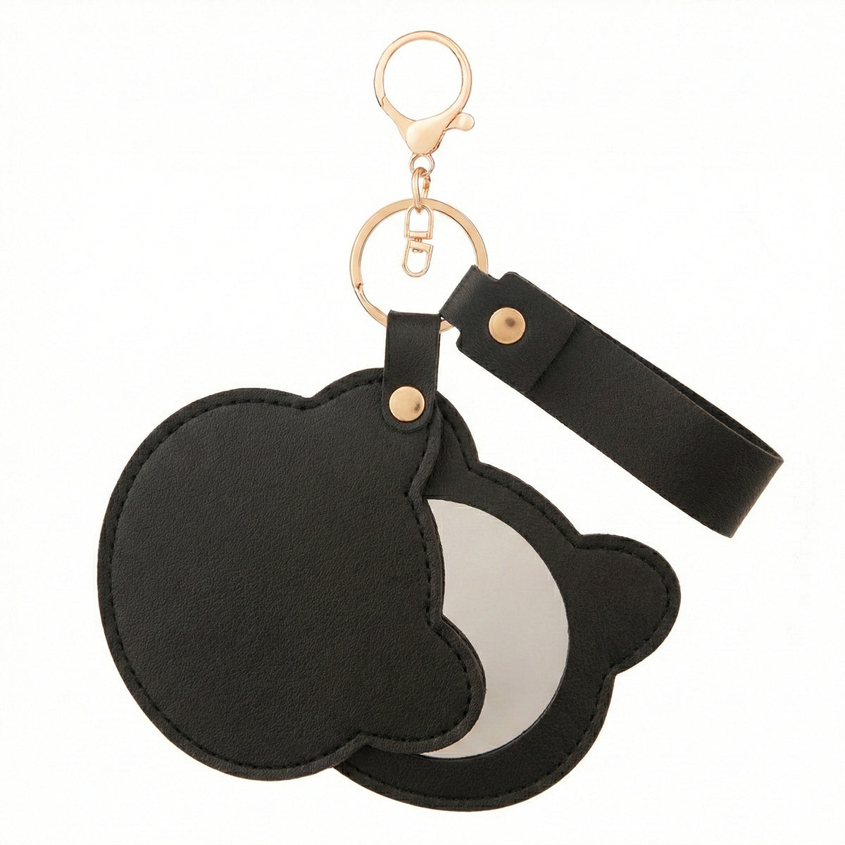 Bear-Head Shaped PU Leather Compact Mirror Keychain - Multi-Color Cute HD Swivel Folding Travel Mirror