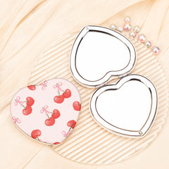 Cute Cherry Heart Shaped Compact Mirror Folding Dual Sided PU Leather Pocket Mirror Metal Portable Travel Makeup Vanity Mirror