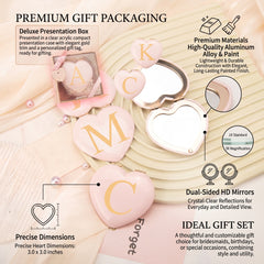Personalized Heart Shaped Pink Aluminum Compact Mirror with Monogram Initial - Double Sided Folding Pocket Vanity Mirror with HD Glass & Optional Gift Box Package for Purse, Travel, Bridesmaids & Valentine's Day Gifts 💖🪞🎁✨