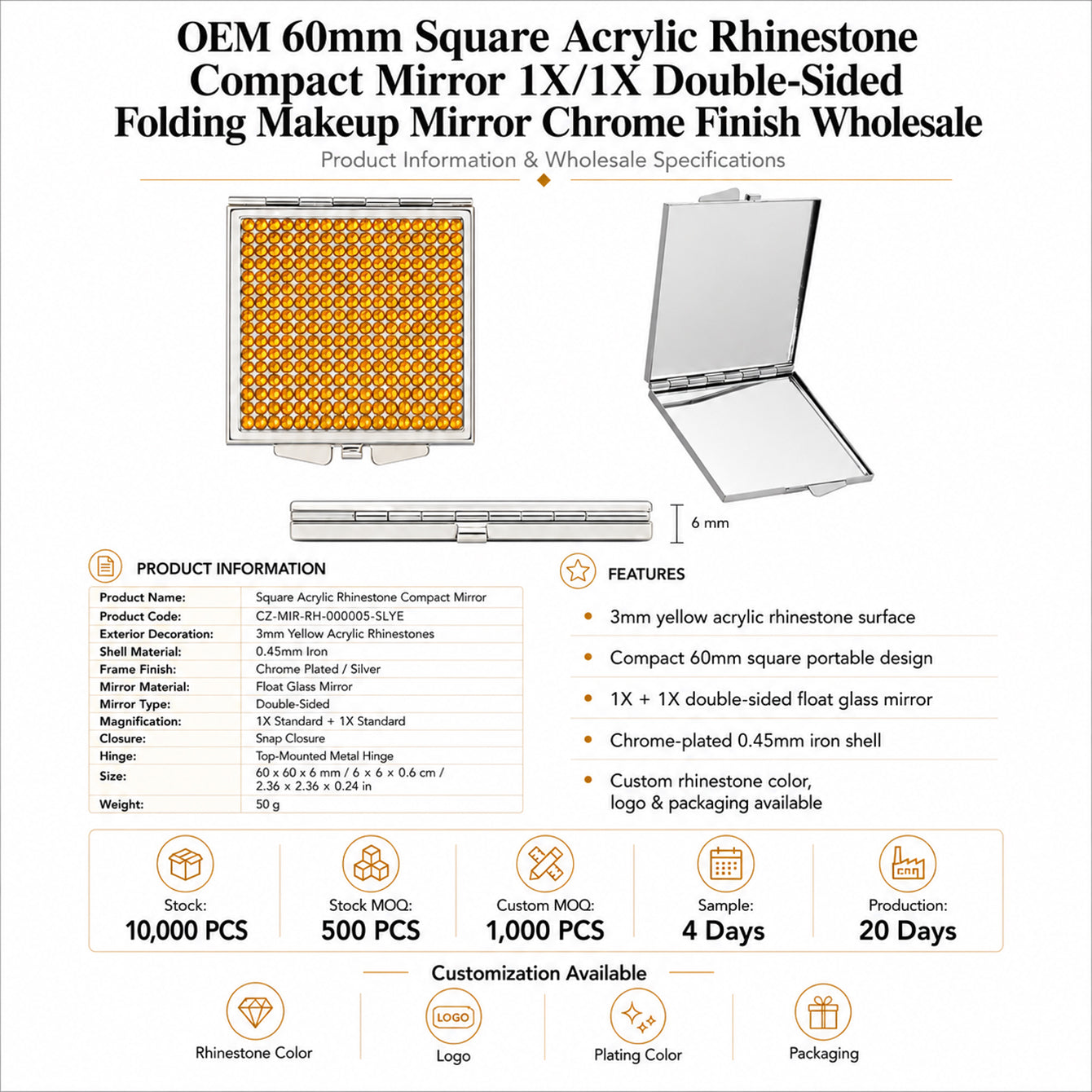 60mm square acrylic rhinestone compact mirror product information