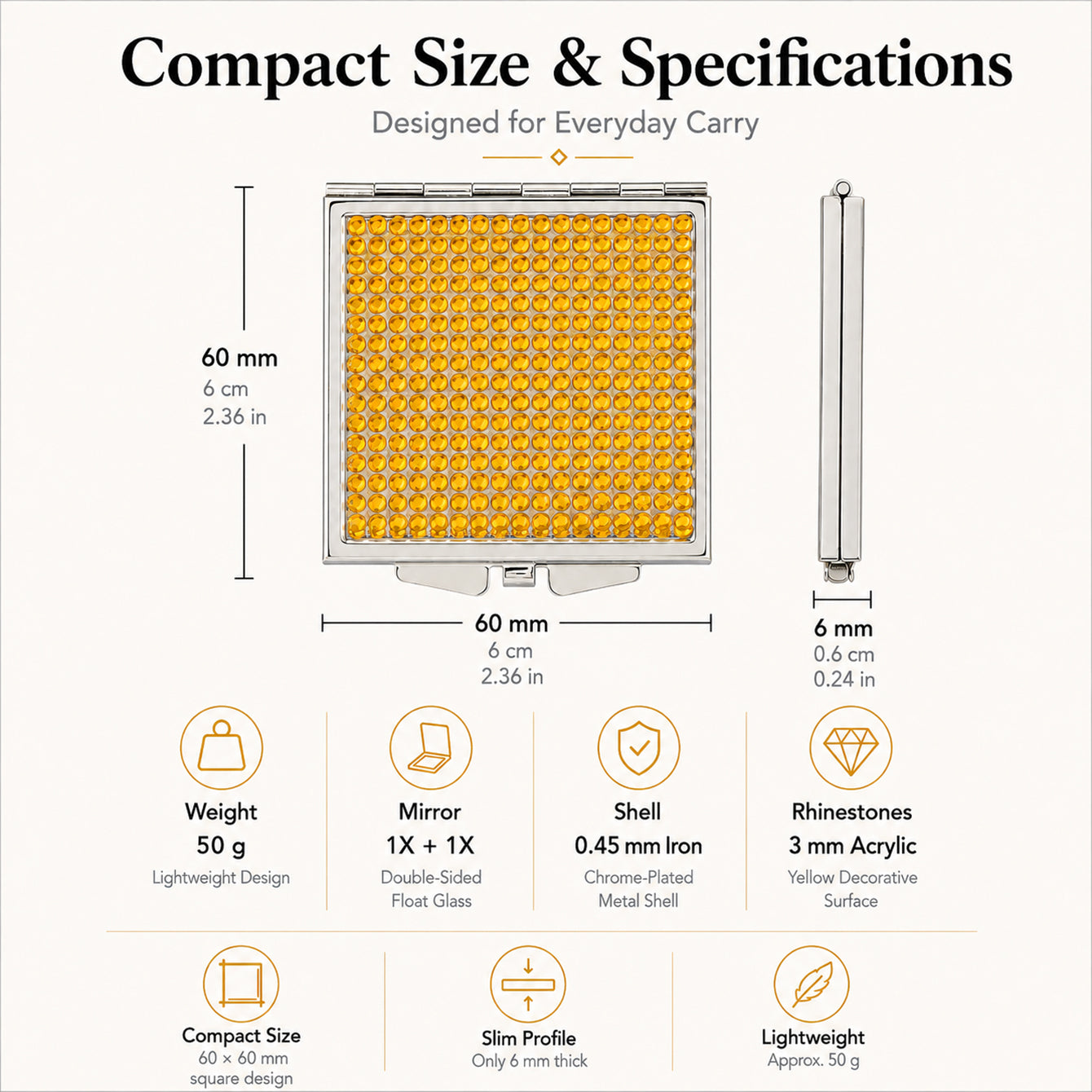 60mm square compact mirror size and material specifications