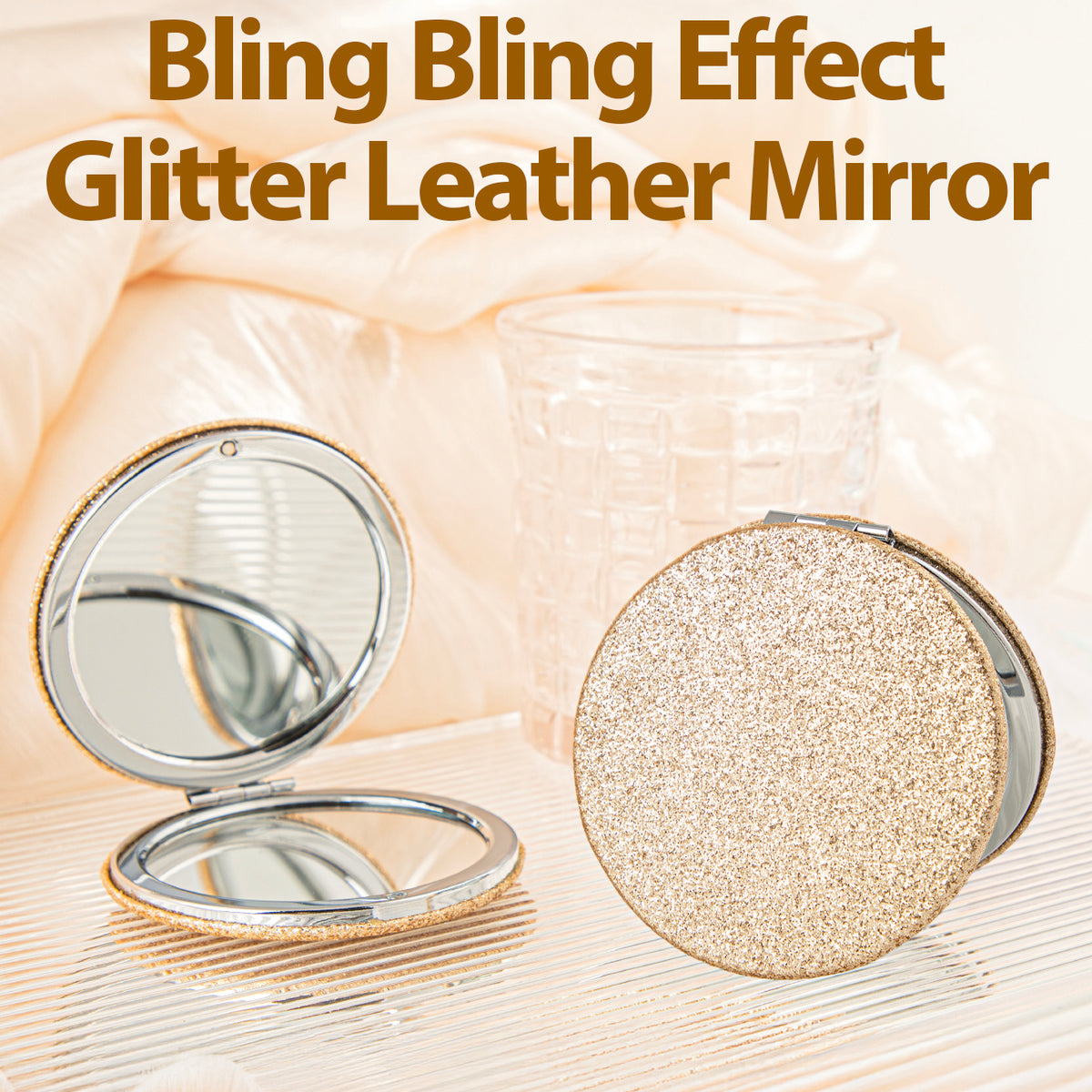 Glitter Leather Compact Makeup Mirror Bling Round Double Sided Folding Pocket Mirror Metal Portable Cosmetic Vanity Mirror