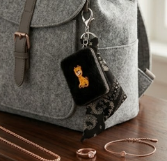 Black Plush Keychain Compact Mirror with Ribbon Scarf, Cute Cartoon Embroidery, Double-Sided HD Makeup Mirror, Portable Travel Cosmetic Mirror for Women Girls, Purse Charm Accessory