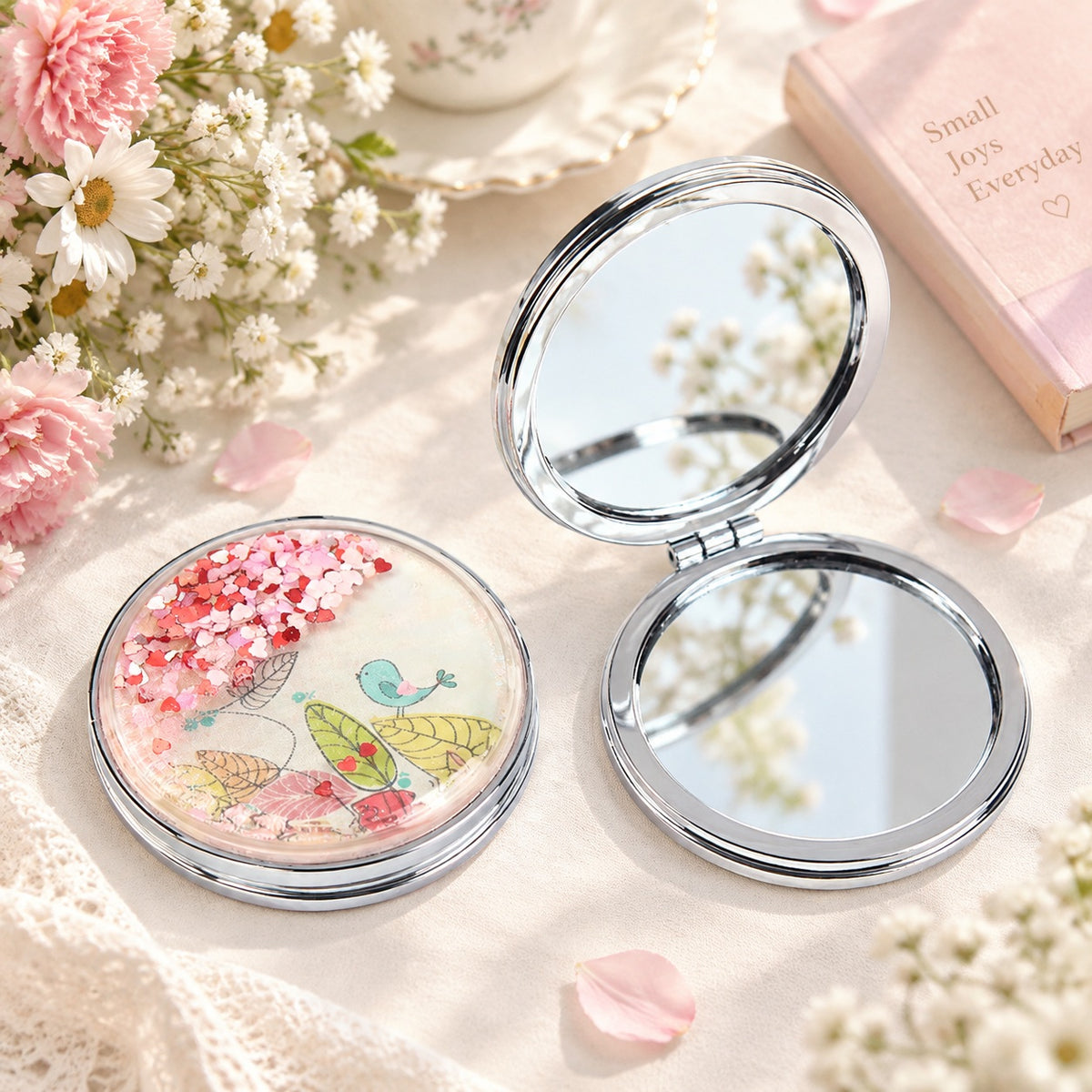 Round Quicksand Compact Mirror Floating Heart Sequins Folding Pocket Mirror Silver Plated Dual Sided Makeup Vanity Cute Bird Print Mirror