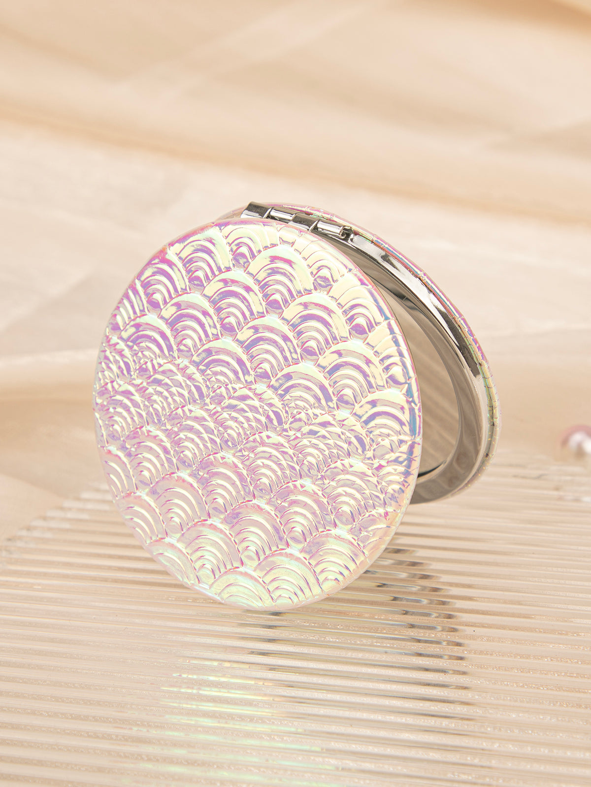 Holographic Mermaid Fish Scale PU Leather Compact Mirror - Round Double-Sided Folding Pocket Vanity Mirror with Silver Metal Frame & HD Glass for Purse, Travel & Gifts 🧜‍♀️🪞✨