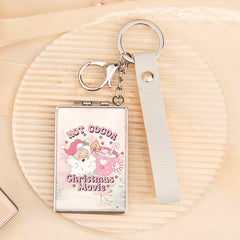 Christmas Keychain Compact Mirror Rectangle PU Leather Folding Pocket Mirror with Wristlet Strap Plastic Frame Cosmetic Mirror