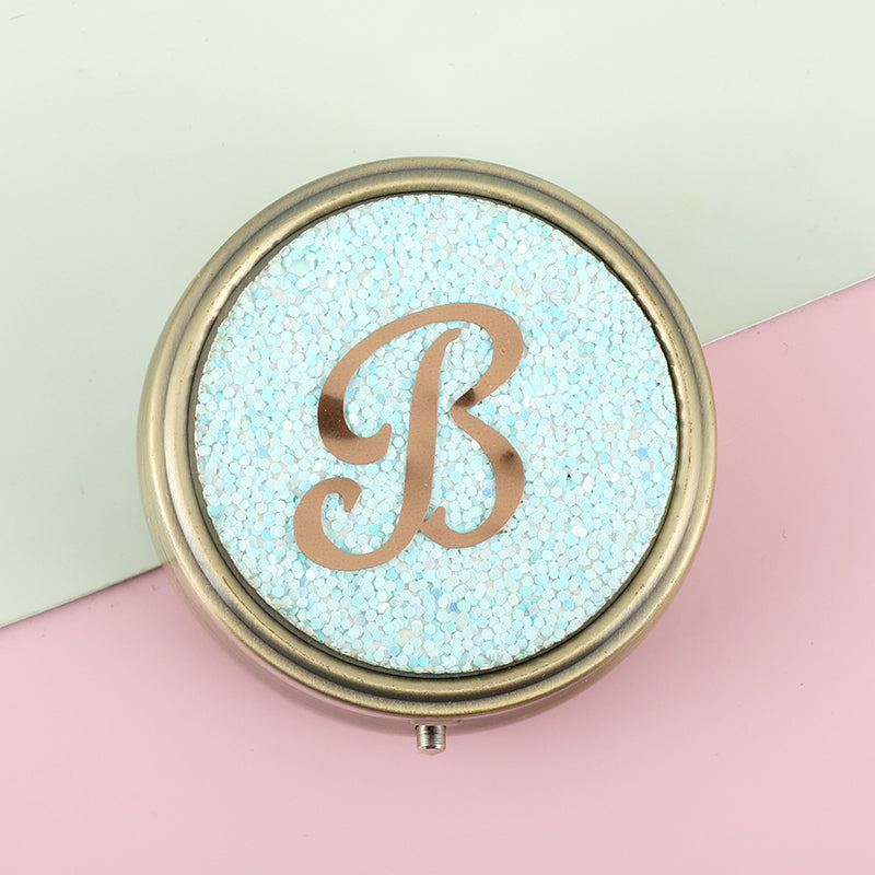 Personalized Initial Glitter Pill Case with Mirror, 3-Compartment Portable Pill Organizer, Eco-Friendly Pill Box with 95% High Reflectivity Mirror for Purse/Travel, Gift for Women & Daily Use