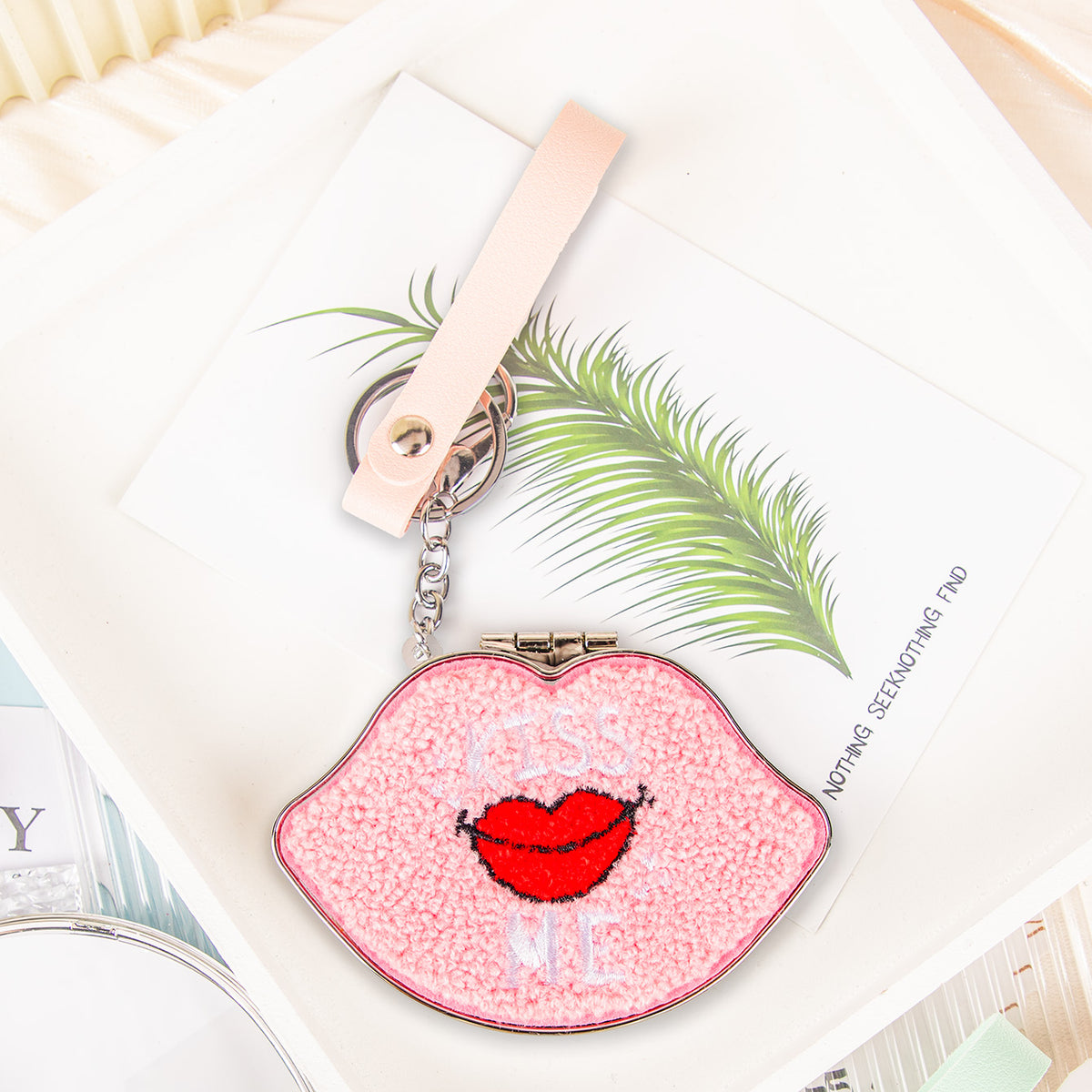 Cute Plush Lip-Shaped Compact Mirror with Keychain & Wrist Strap, Double-Sided Pocket Makeup Mirror, Embroidered Design, Portable Cosmetic Mirror for Women, Girls, Travel & Gifts