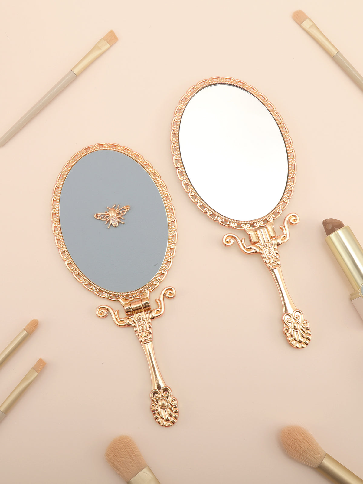 Vintage Folding Handheld and Tabletop Metal Makeup Mirror, Embossed Gold Frame with 3D Rhinestone Bee and PU Leather Back