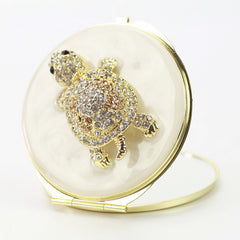 Vintage Off-White Epoxy Resin Sea Turtle Compact Mirror - Luxury Round Gold Electroplated Metal Double-Sided Folding Pocket Vanity