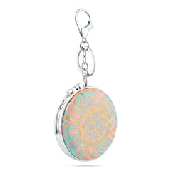 Round Compact Mirror Keychain with Song Brocade Fabric, Double-Sided Folding Makeup Mirror with Plastic Frame & Glass Mirror, Portable Purse Mirror for Women Girls Travel Daily Use
