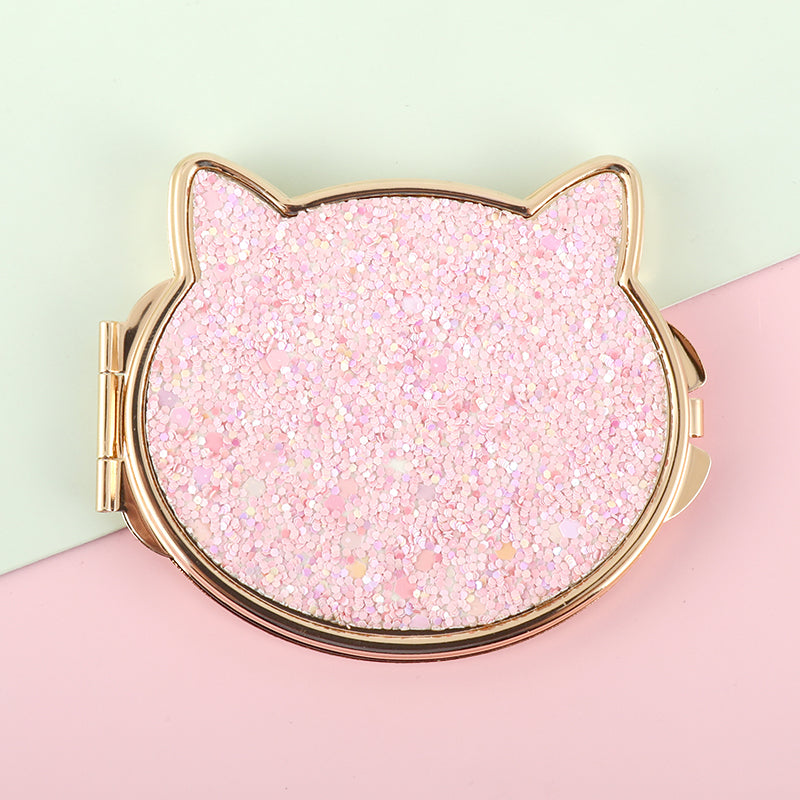 Cute Cat Ear Chunky Glitter Compact Mirror - Luxury Gold Electroplated Metal Double-Sided Folding Pocket Vanity Mirror with Sparkly Sequins & HD Glass for Purse, Travel, Girls & Gifts 🐱✨💖