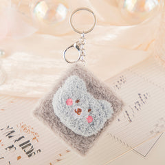 Cute Plush Bear Head Compact Mirror Keychain, Double-Sided Pocket Makeup Mirror with Soft Furry Animal Design, Portable Travel Mirror for Women, Girls & Kids