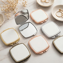Sublimation Rounded Square Compact Mirror Blanks Bulk - Cushion Shape Electroplated Metal Double-Sided Folding Pocket Mirror with Sublimation Aluminum Inserts for DIY Heat Transfer Printing
