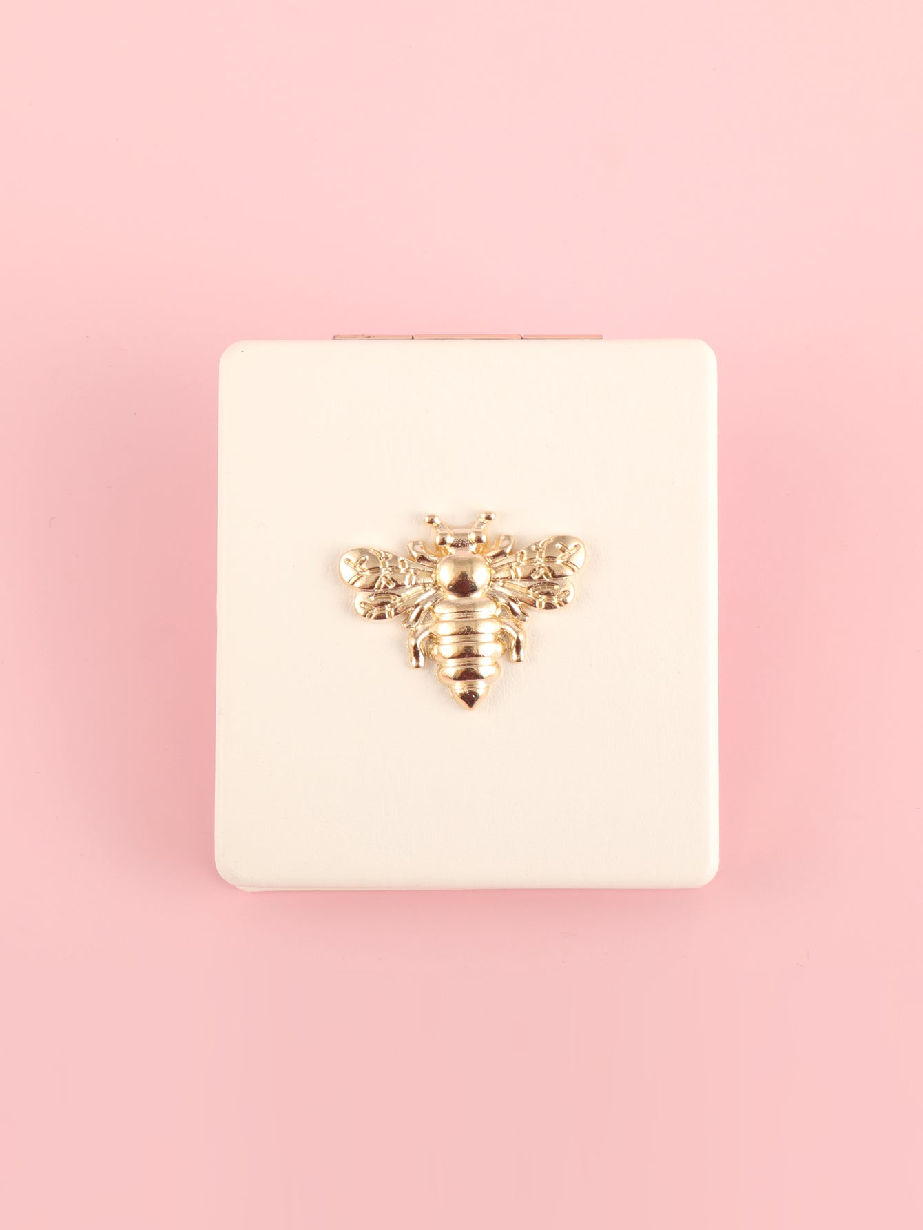 Vintage honeybee PU leather compact mirror with gold-tone bee emblem and double-sided glass