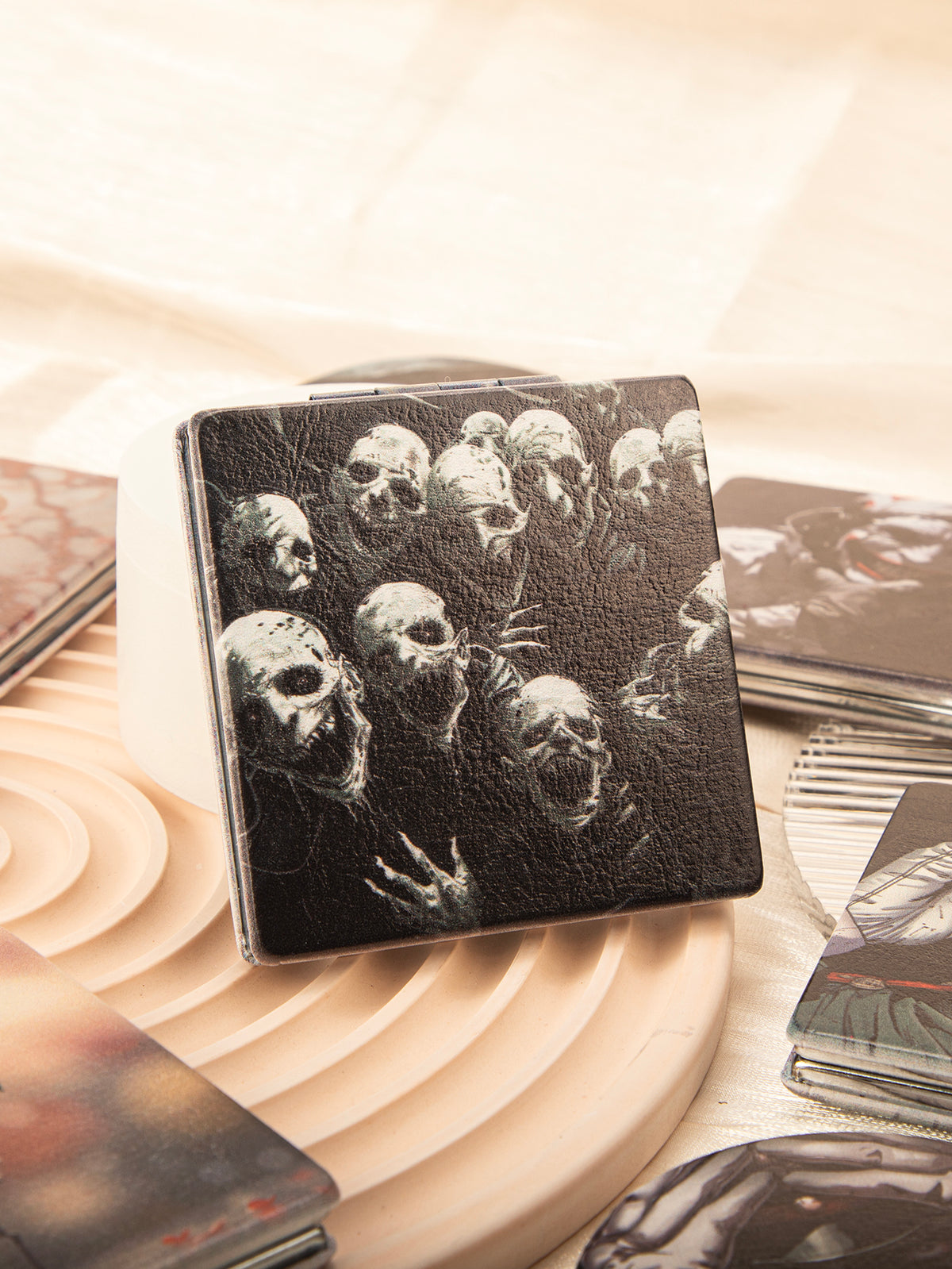 Gothic Skull Printed PU Leather Compact Mirror - Square Metal Frame Double Sided Folding Pocket Vanity Mirror with HD Glass for Purse, Travel, Halloween Party Favors & Goth Gifts 💀🪞🕷️✨
