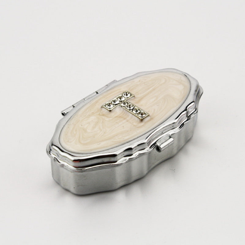 Personalized Initial Pill Box with Mirror, Resin Rhinestone Decorated Portable Pill Organizer