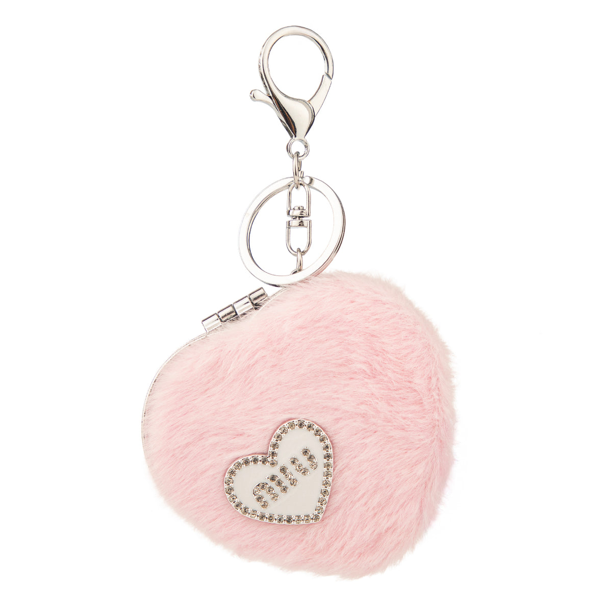 Heart Plush Compact Mirror Keychain - Cute Crystal Rhinestone Butterfly & Purse Charm Faux Fur Folding Travel Mirror - Soft Fluffy Pocket Bag Charm Vanity Mirror for Women, Girls & Students 💖✨