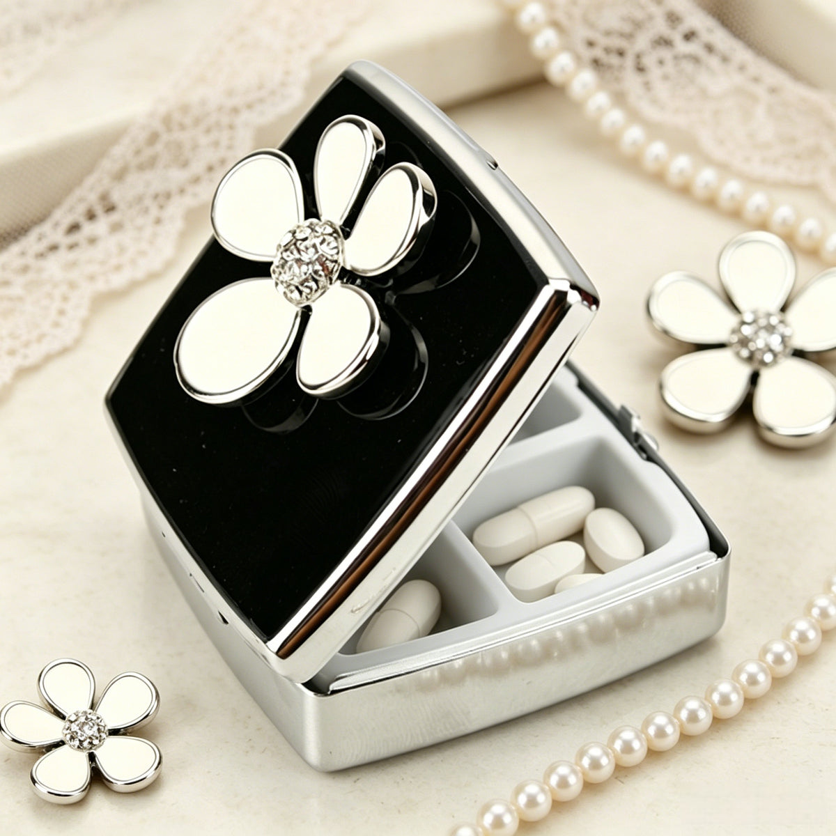 Flower Rhinestone Pill Box with Mirror, Black Enamel Portable Pill Organizer, Eco-Friendly 2-Compartment Pill Case with 95% High Reflectivity Mirror for Purse/Travel, Elegant Gift for Women