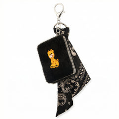 Black Plush Keychain Compact Mirror with Ribbon Scarf, Cute Cartoon Embroidery, Double-Sided HD Makeup Mirror, Portable Travel Cosmetic Mirror for Women Girls, Purse Charm Accessory