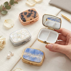 Acetate Rectangular Pill Box Organizer with Mirror - Luxury Tortoiseshell & Marble Travel Medication Case with Metal Frame - 2-Compartment Pocket Pill Planner for Women, Seniors & Travelers 💊🐚