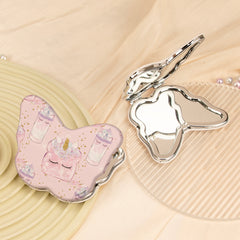 Butterfly Shaped Compact Makeup Mirror 1X 2X Magnification Portable Folding PU Leather Metal Pocket Vanity Mirror