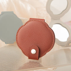 Flower Shaped Leather Compact Mirror, Double-Sided Folding Makeup Mirror with 95% High Reflectivity Lens, Portable Button-Snap Pocket Mirror for Purse/Travel, Elegant Gift for Women & Girls