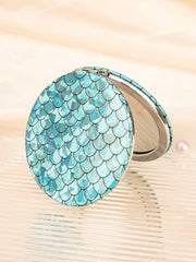 Holographic Mermaid Fish Scale PU Leather Compact Mirror - Round Double-Sided Folding Pocket Vanity Mirror with Silver Metal Frame & HD Glass for Purse, Travel & Gifts 🧜‍♀️🪞✨