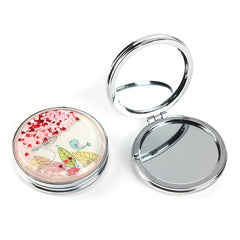 Round Quicksand Compact Mirror Floating Heart Sequins Folding Pocket Mirror Silver Plated Dual Sided Makeup Vanity Cute Bird Print Mirror