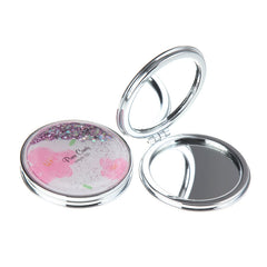 Sparkling Quicksand Liquid Printed Compact Mirror - Cute Round Silver Plastic Frame Double-Sided Folding Pocket Vanity Mirror with Floating Glitter & HD Glass for Purse, Travel & Gifts ✨⏳🪞
