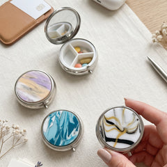 Round Marble Swirl Acetate Pill Case with Mirror, Portable 3-Compartment Metal Pill Organizer, Eco-Friendly Travel Pill Box with 95% High Reflectivity Mirror for Purse, Gift for Women