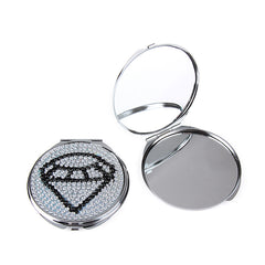 Silver Plated Rhinestone Compact Mirror Round Metal Folding Pocket Makeup Mirror Dual Sided Diamond I Love You Cosmetic Mirror