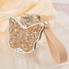 Butterfly Rhinestone Compact Mirror Keychain PU Leather Strap Folding Pocket Mirror Bling Dual Sided Plastic Vanity Mirror