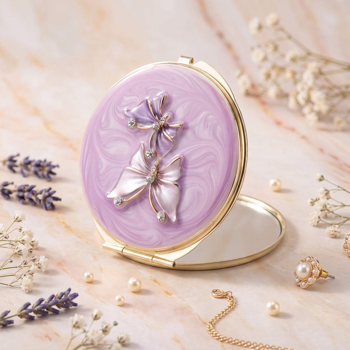 Epoxy Resin Rhinestone Butterfly Compact Mirror - Luxury Round Gold Metal Double-Sided Folding Pocket Vanity Mirror with HD Magnifying Glass for Purse, Travel & Gifts 🦋✨