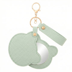 Litchi Grain PU Leather Bear-Head Shaped Compact Mirror Keychain - Multi-Color Cute HD Swivel Folding Travel Mirror