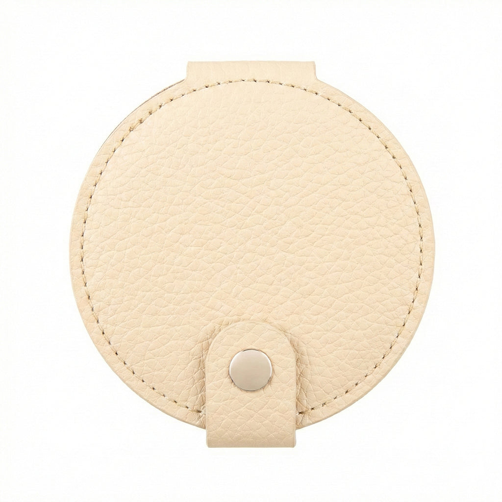 Litchi Grain PU Leather Round Compact Mirror with Snap Button Closure - Multi-Color Cute Double-Sided Folding Travel Mirror