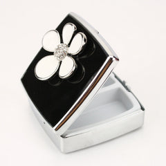 Flower Rhinestone Pill Box with Mirror, Black Enamel Portable Pill Organizer, Eco-Friendly 2-Compartment Pill Case with 95% High Reflectivity Mirror for Purse/Travel, Elegant Gift for Women