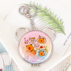 Cute Bear Head Quicksand Compact Mirror Keychain Liquid Glitter Floating Sequins Folding Pocket Mirror Dual Sided Metal Frame