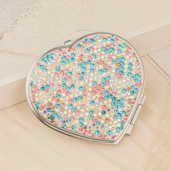 Sparkling Heart Shaped Crystal Rhinestone Compact Mirror - Silver Electroplated Metal Double-Sided Folding Pocket Vanity Mirror with HD Glass for Purse, Travel, Wedding Favors & Gifts 💖💎✨