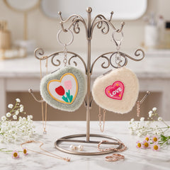 Heart Plush Compact Mirror Keychain - Cute Embroidered Tulip Flower Faux Fur Folding Travel Mirror - Soft Fluffy Pocket Bag Charm Vanity Mirror for Women, Girls & Students 💖🌷