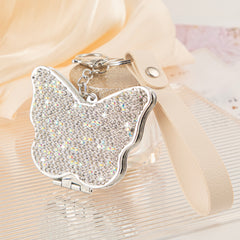 Butterfly Rhinestone Compact Mirror Keychain PU Leather Strap Folding Pocket Mirror Bling Dual Sided Plastic Vanity Mirror