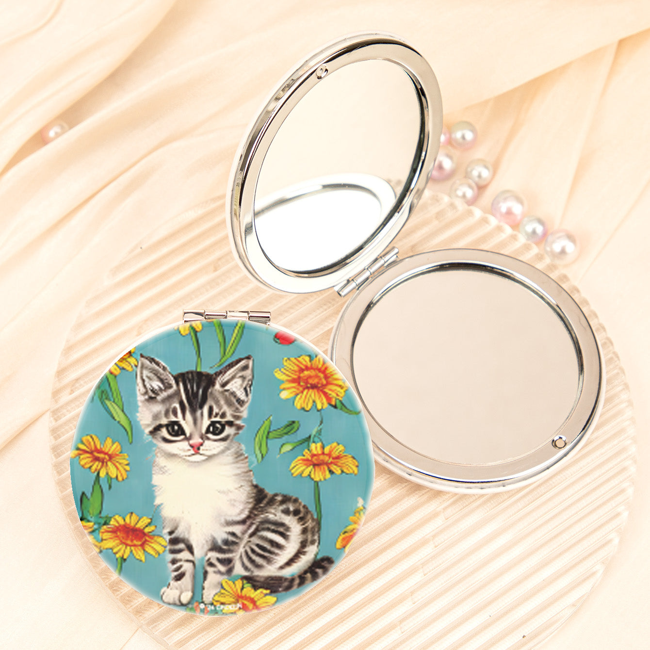 Cute cat floral PU leather compact mirror, product view 10