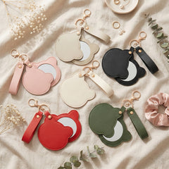 Bear-Head Shaped PU Leather Compact Mirror Keychain - Multi-Color Cute HD Swivel Folding Travel Mirror
