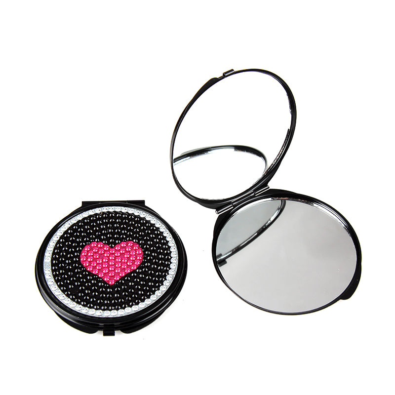 Bling Rhinestone Compact Mirror Black Metal Round Folding Dual Sided Pocket Makeup Mirror Heart Party Girl Cosmetic Mirror