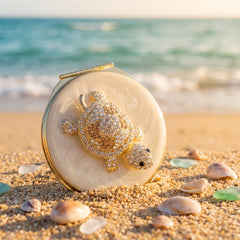 Vintage Off-White Epoxy Resin Sea Turtle Compact Mirror - Luxury Round Gold Electroplated Metal Double-Sided Folding Pocket Vanity