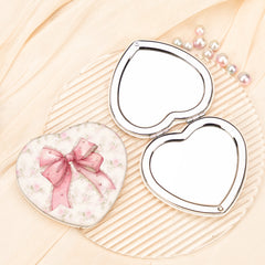 Pink Bow Heart PU Leather Compact Mirror, Double-Sided Folding Pocket Mirror