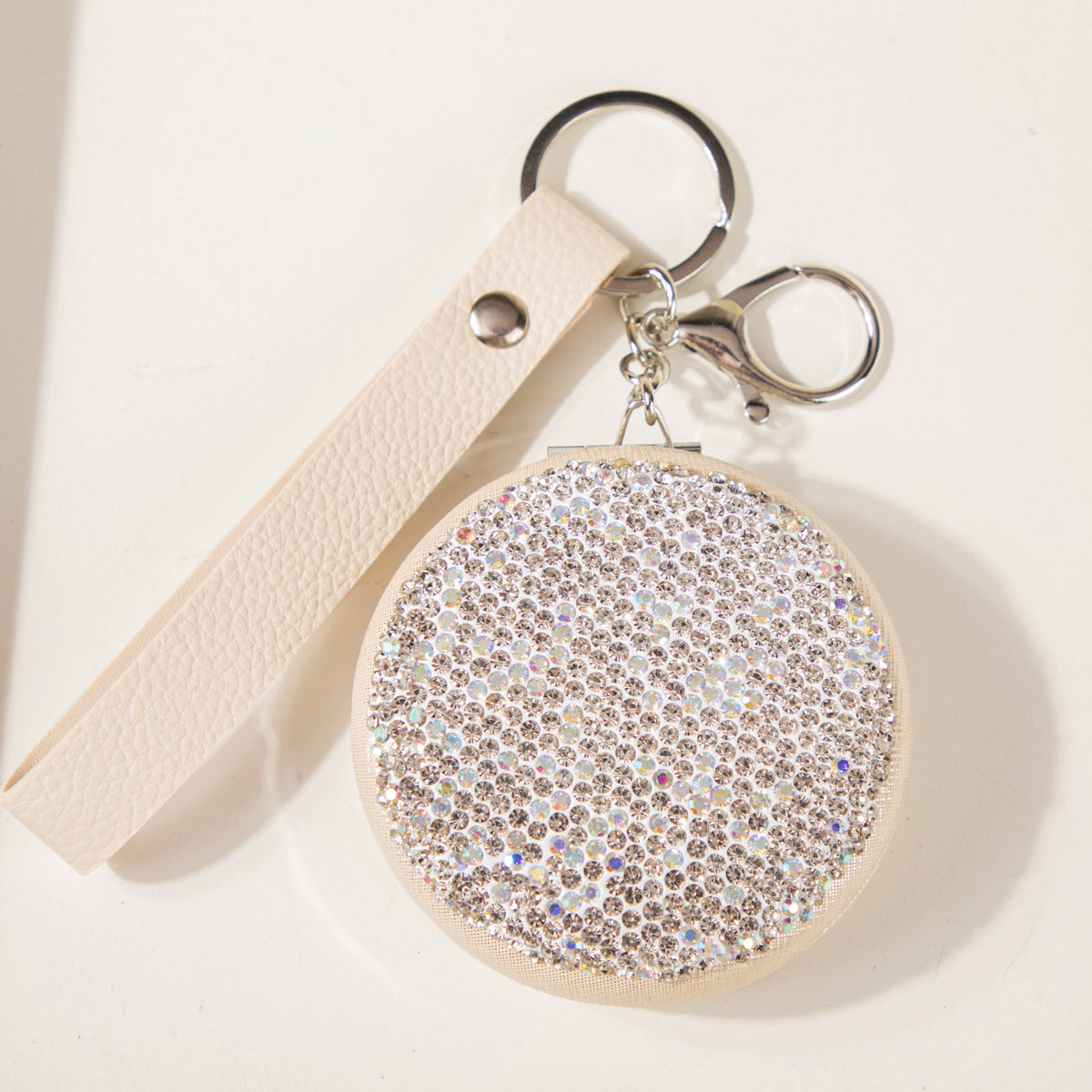 Sparkling Crystal Rhinestone Pocket Mirror Keychain PU Leather Strap Round Metal Cosmetic Mirror Bag Charm Vanity Mirror for Women